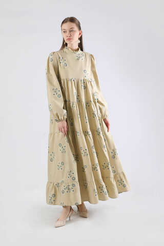 Büzgülü Desenli Poplin Elbise Taş - 3