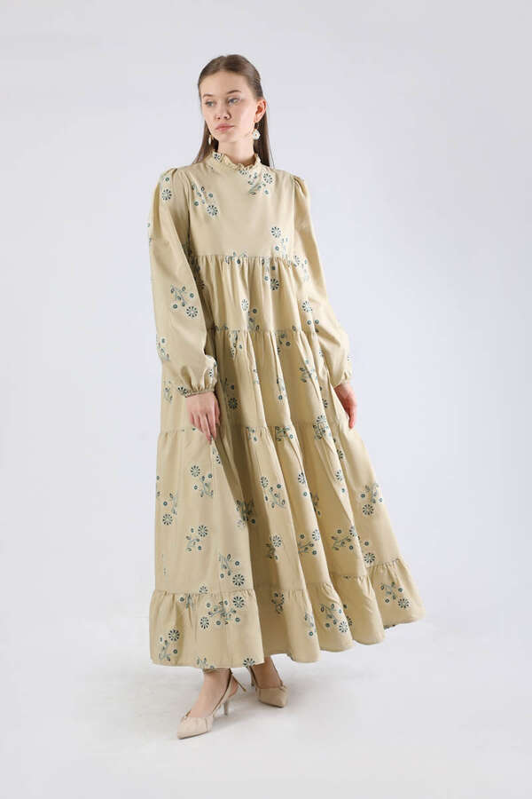 Büzgülü Desenli Poplin Elbise Taş - 3