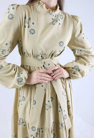 Büzgülü Desenli Poplin Elbise Taş - 4