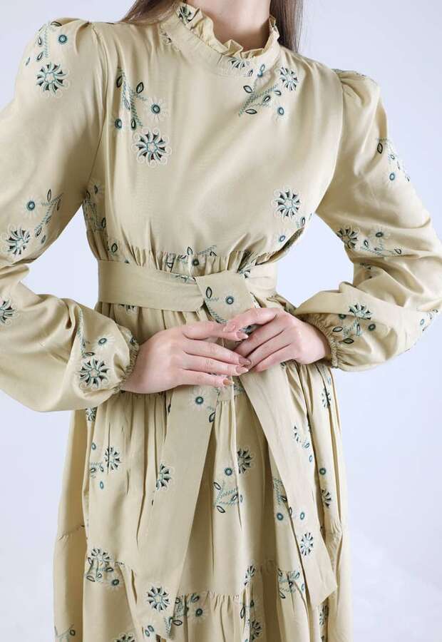 Büzgülü Desenli Poplin Elbise Taş - 4