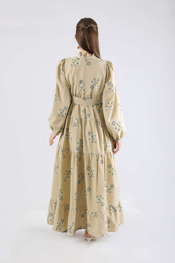 Büzgülü Desenli Poplin Elbise Taş - 5