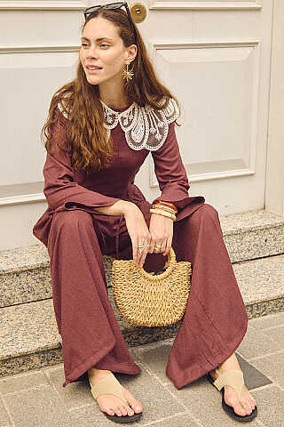 Büzgülü Geniş Paça Pantolon Bordo - 6