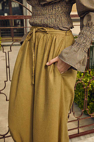 Büzgülü Geniş Paça Pantolon Haki - 8