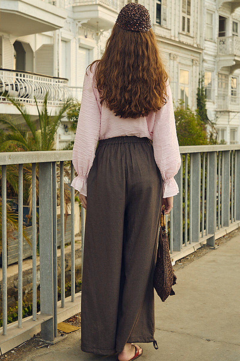 Büzgülü Geniş Paça Pantolon Kahve - 2