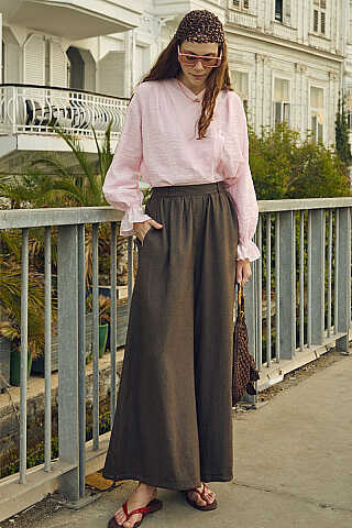 Büzgülü Geniş Paça Pantolon Kahve - 4