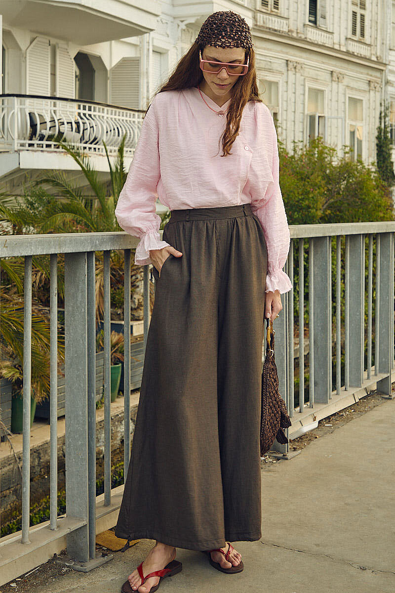 Büzgülü Geniş Paça Pantolon Kahve - 4