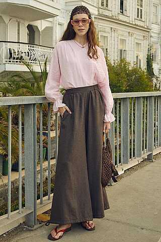 Büzgülü Geniş Paça Pantolon Kahve - 5