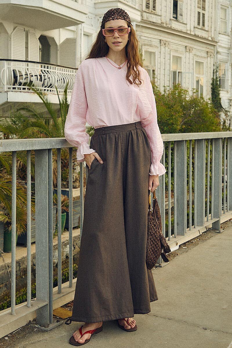 Büzgülü Geniş Paça Pantolon Kahve - 5