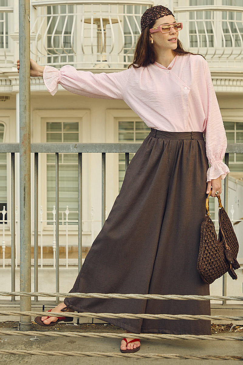 Büzgülü Geniş Paça Pantolon Kahve - 6
