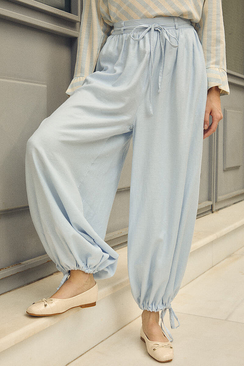 Büzgülü Geniş Paça Pantolon Mavi - 4