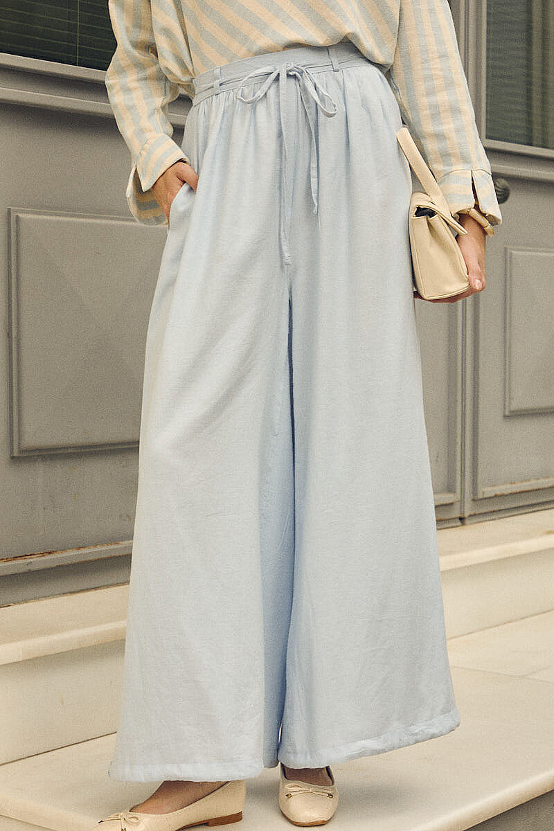Büzgülü Geniş Paça Pantolon Mavi - 6