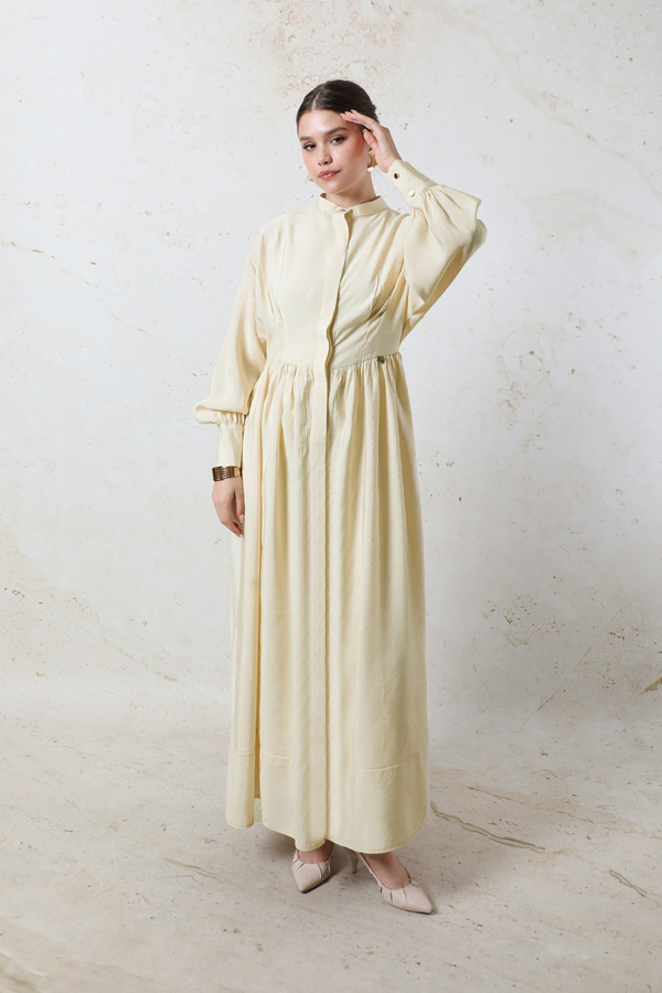 Büzgülü Gizli Düğmeli Elbise Bej - 2