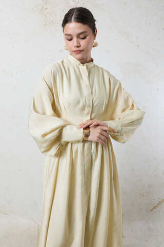 Büzgülü Gizli Düğmeli Elbise Bej - 3