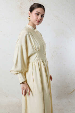 Büzgülü Gizli Düğmeli Elbise Bej - 4