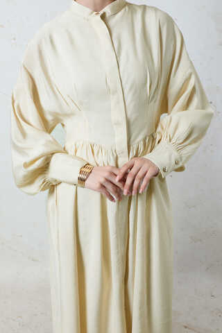 Büzgülü Gizli Düğmeli Elbise Bej - 5