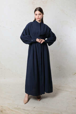 Büzgülü Gizli Düğmeli Elbise Lacivert - 2