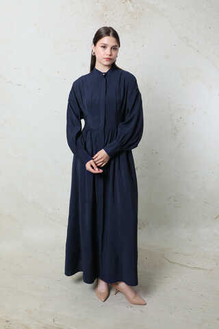 Büzgülü Gizli Düğmeli Elbise Lacivert - 3