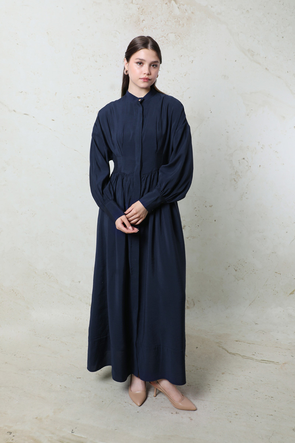 Büzgülü Gizli Düğmeli Elbise Lacivert - 3