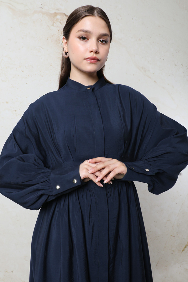 Büzgülü Gizli Düğmeli Elbise Lacivert - 4