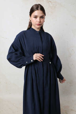 Büzgülü Gizli Düğmeli Elbise Lacivert - 5