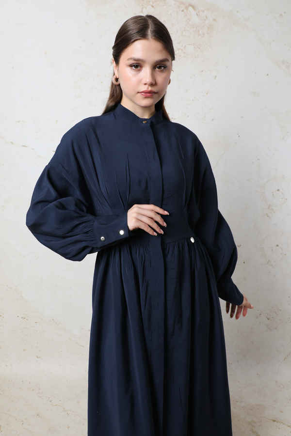 Büzgülü Gizli Düğmeli Elbise Lacivert - 5