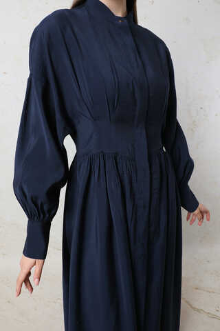 Büzgülü Gizli Düğmeli Elbise Lacivert - 1