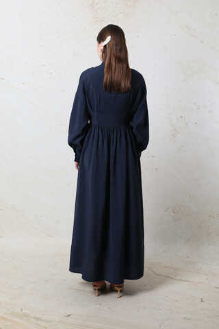 Büzgülü Gizli Düğmeli Elbise Lacivert - 6