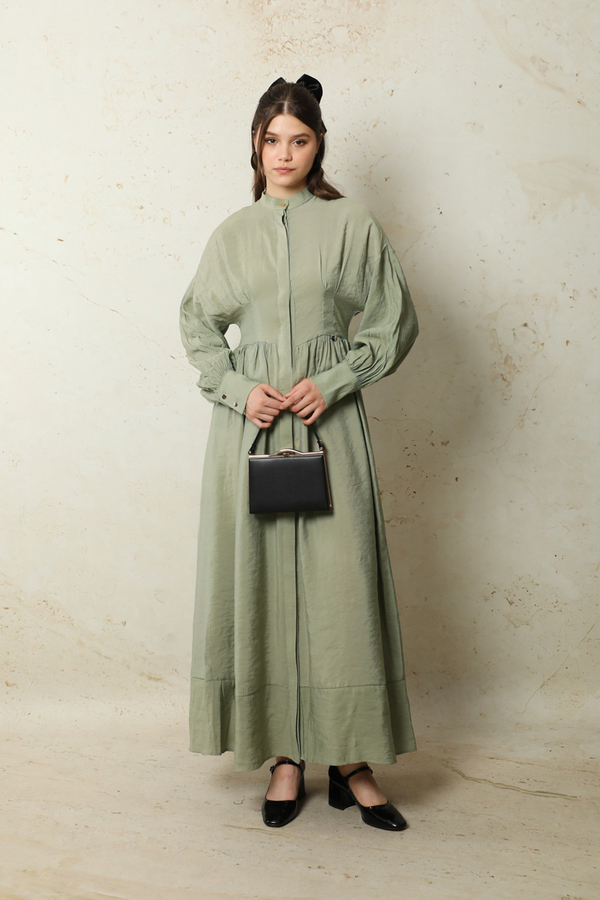 Büzgülü Gizli Düğmeli Elbise Mint - 2