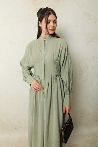 Büzgülü Gizli Düğmeli Elbise Mint - 5