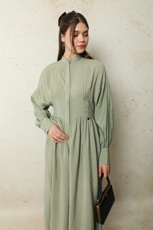 Büzgülü Gizli Düğmeli Elbise Mint - 5