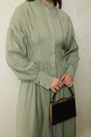 Büzgülü Gizli Düğmeli Elbise Mint - 1