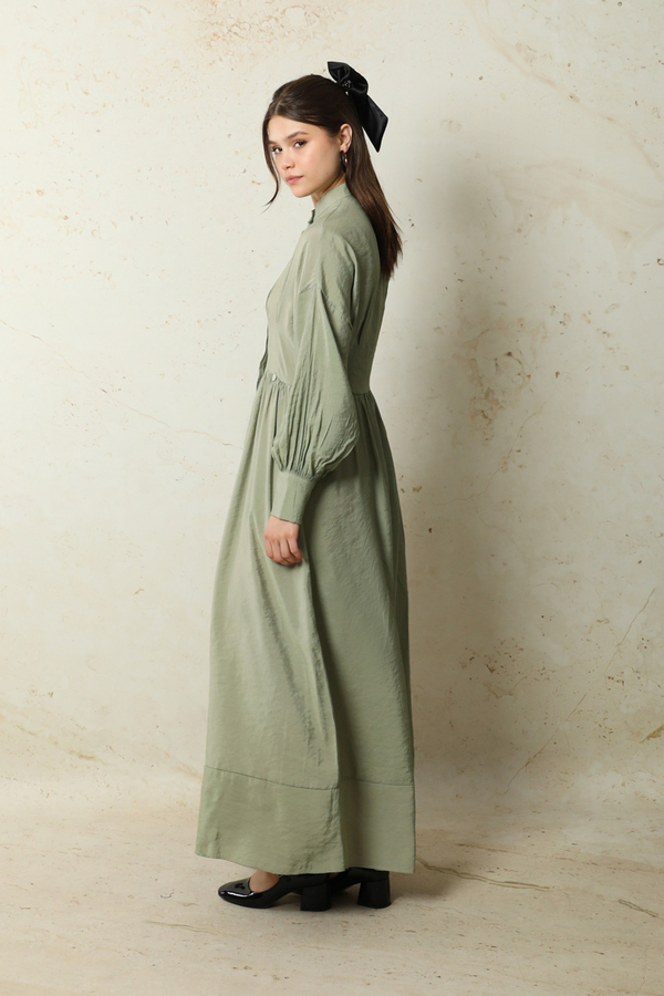 Büzgülü Gizli Düğmeli Elbise Mint - 6