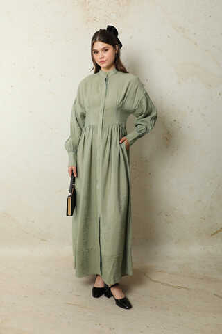 Büzgülü Gizli Düğmeli Elbise Mint - 4