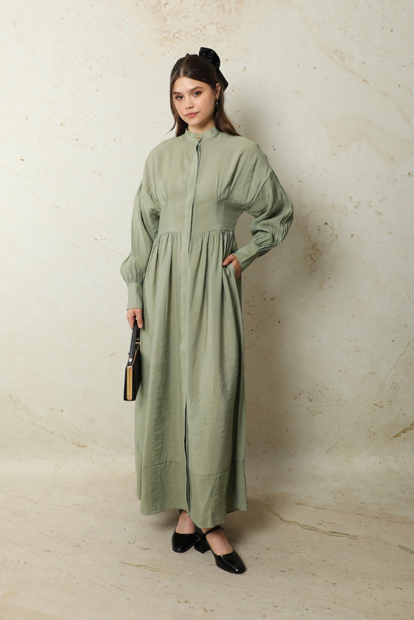 Büzgülü Gizli Düğmeli Elbise Mint - 4