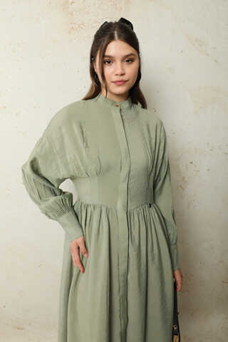 Büzgülü Gizli Düğmeli Elbise Mint - 3
