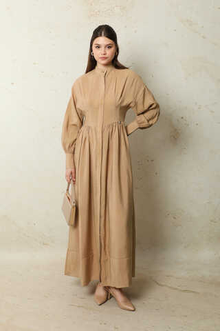 Büzgülü Gizli Düğmeli Elbise Yavruağzı - 1