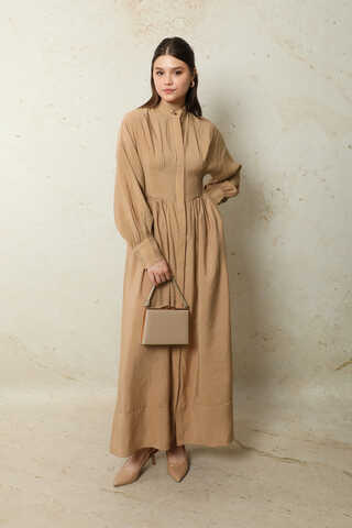 Büzgülü Gizli Düğmeli Elbise Yavruağzı - 3