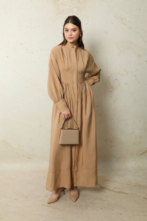 Büzgülü Gizli Düğmeli Elbise Yavruağzı - 3