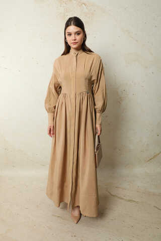 Büzgülü Gizli Düğmeli Elbise Yavruağzı - 5