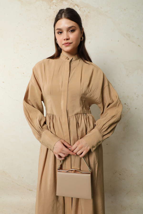 Büzgülü Gizli Düğmeli Elbise Yavruağzı - 4