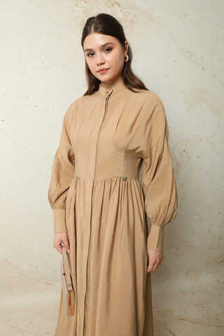 Büzgülü Gizli Düğmeli Elbise Yavruağzı - 6