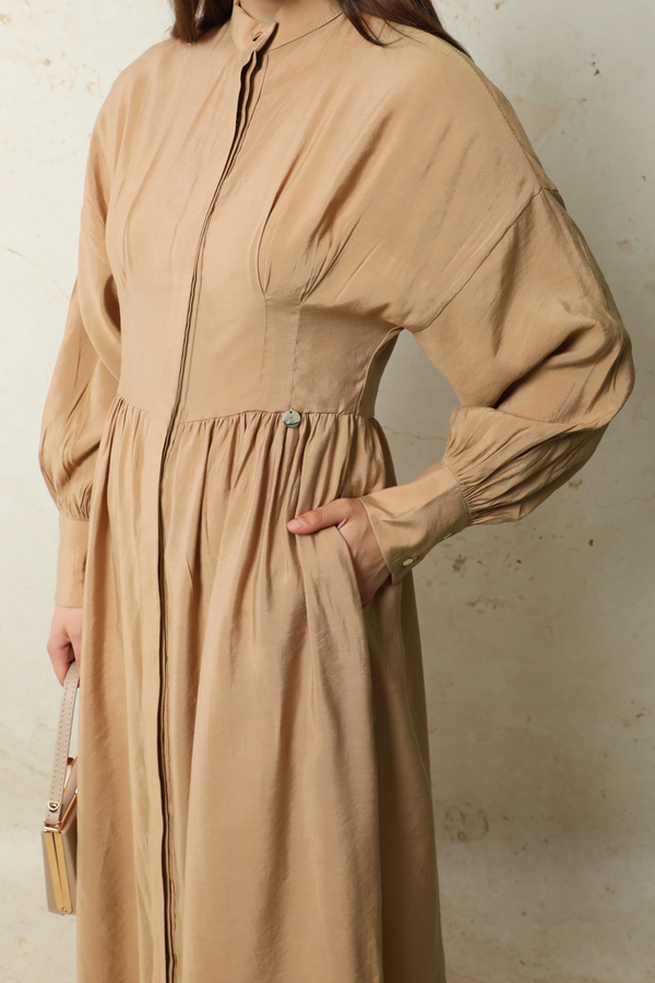 Büzgülü Gizli Düğmeli Elbise Yavruağzı - 2