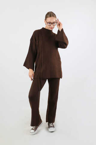 Büzgülü İspanyol Paça Triko Takım Kahve - 3