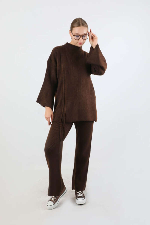 Büzgülü İspanyol Paça Triko Takım Kahve - 3