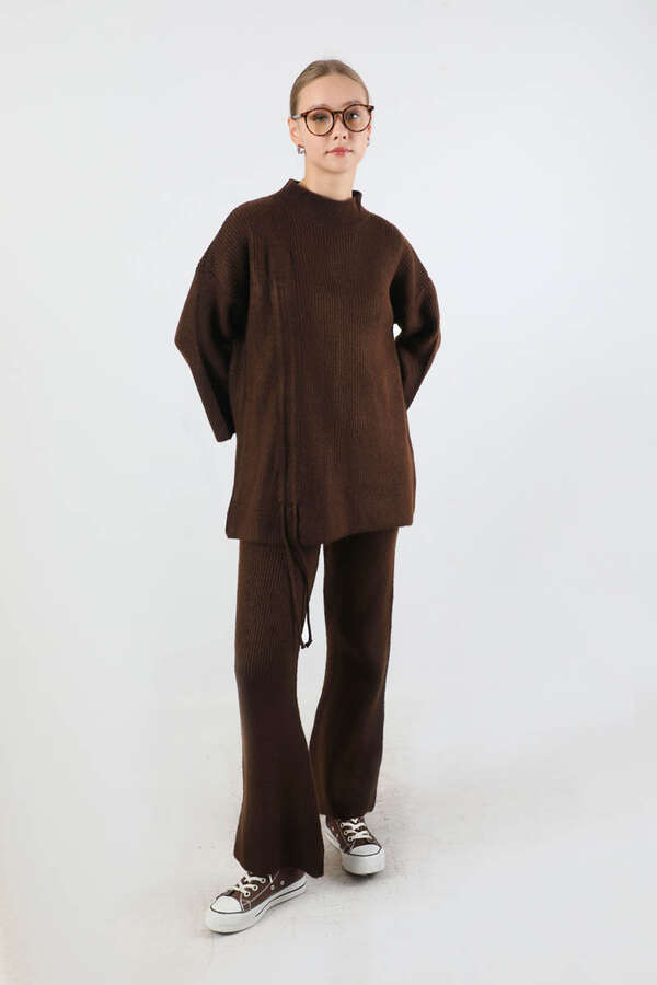 Büzgülü İspanyol Paça Triko Takım Kahve - 4