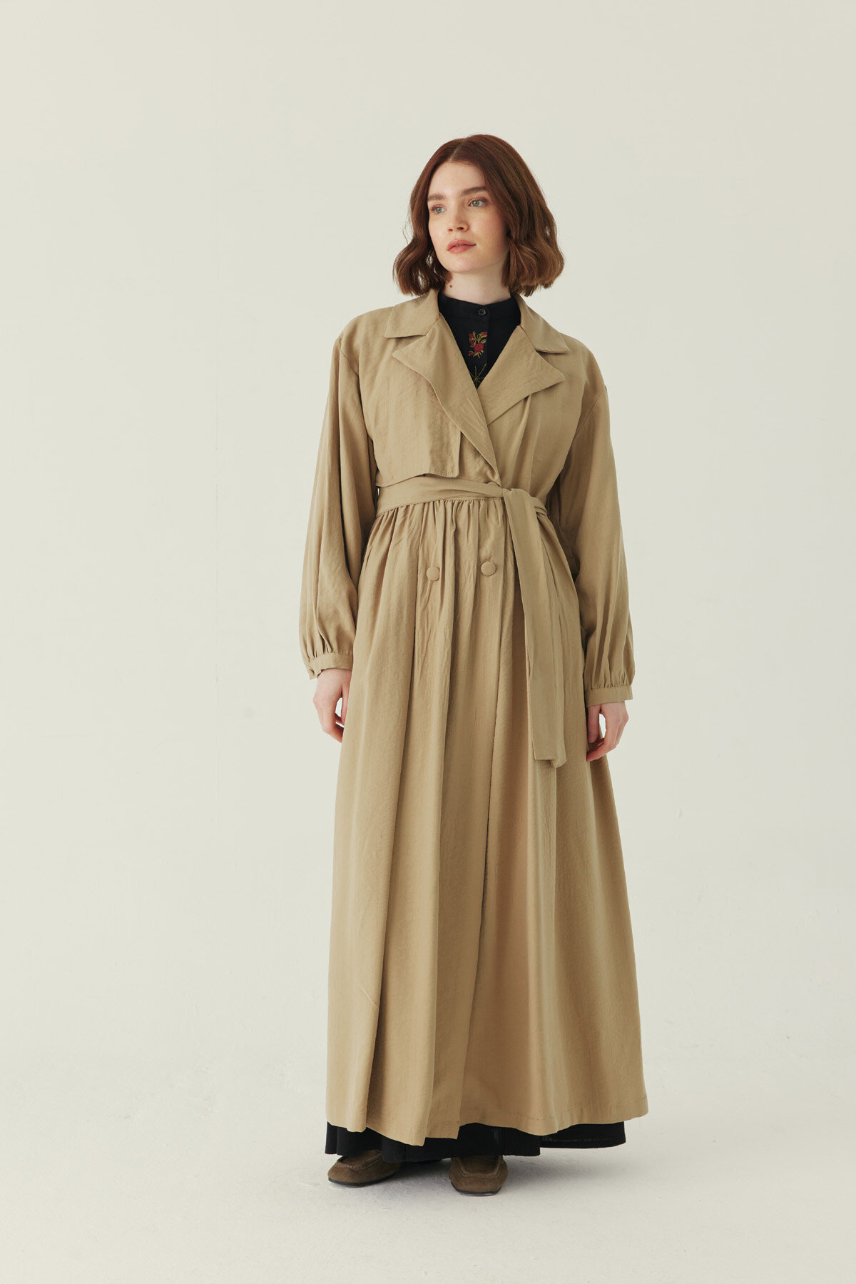 Büzgülü Modal Trençkot Bej