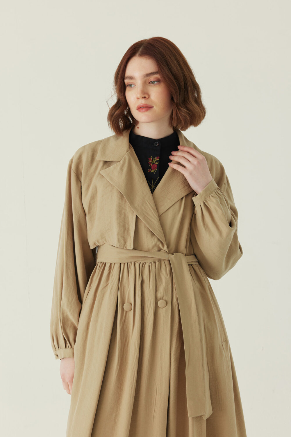 Büzgülü Modal Trençkot Bej - 2