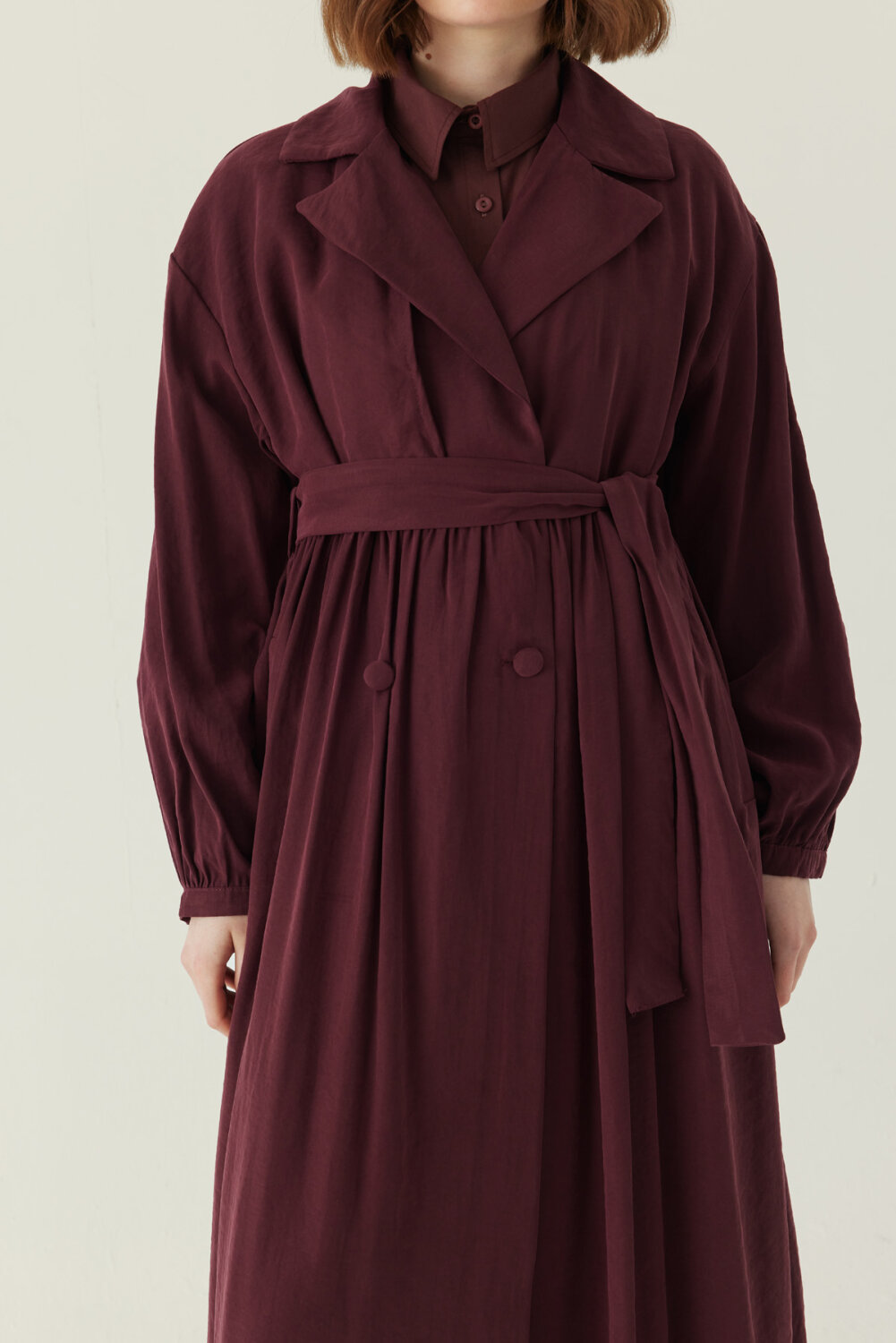 Büzgülü Modal Trençkot Bordo - 3