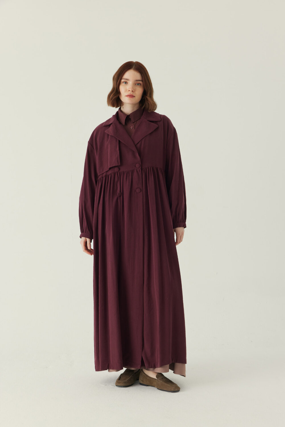 Büzgülü Modal Trençkot Bordo - 4