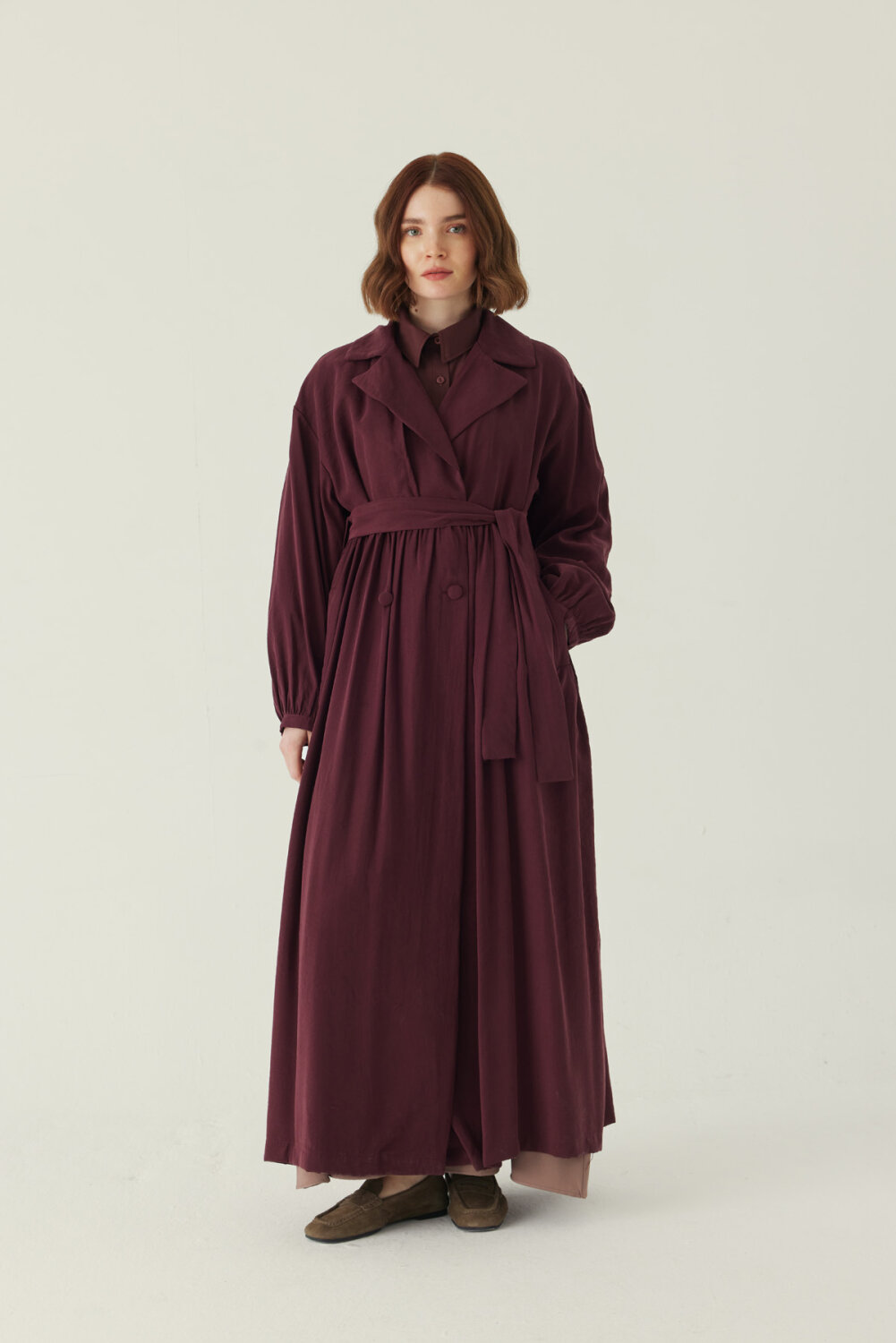 Büzgülü Modal Trençkot Bordo 